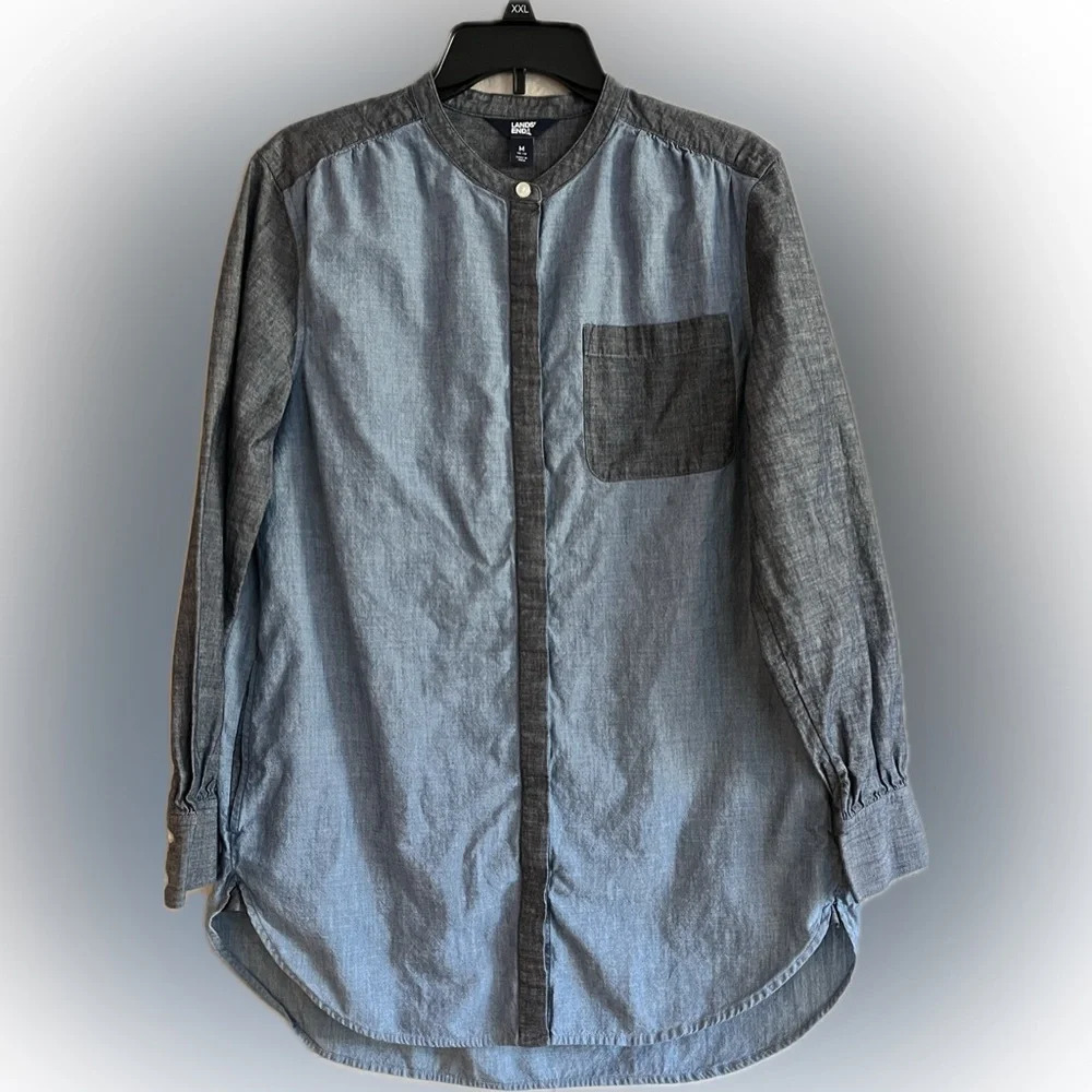 Lands End Denim Shirt Dress, Contrasting Pocket/Sleeves Side Hidden Pockets, M